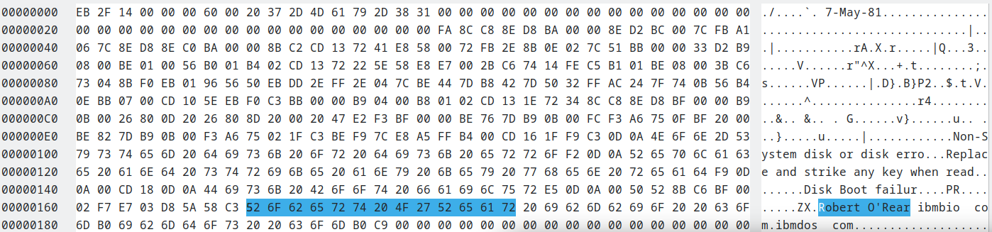 Hex dump of the IBM PC-DOS 1.00 boot sector.